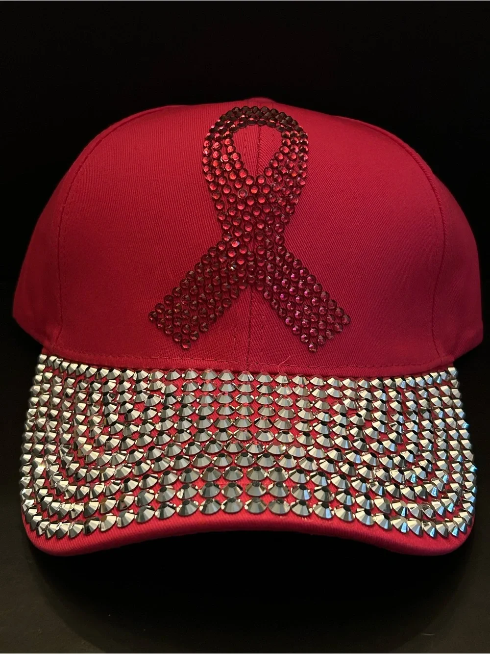 Hot Pink Rhinestone Ribbon Studded Baseball Cap Breast Cancer Awareness NWT